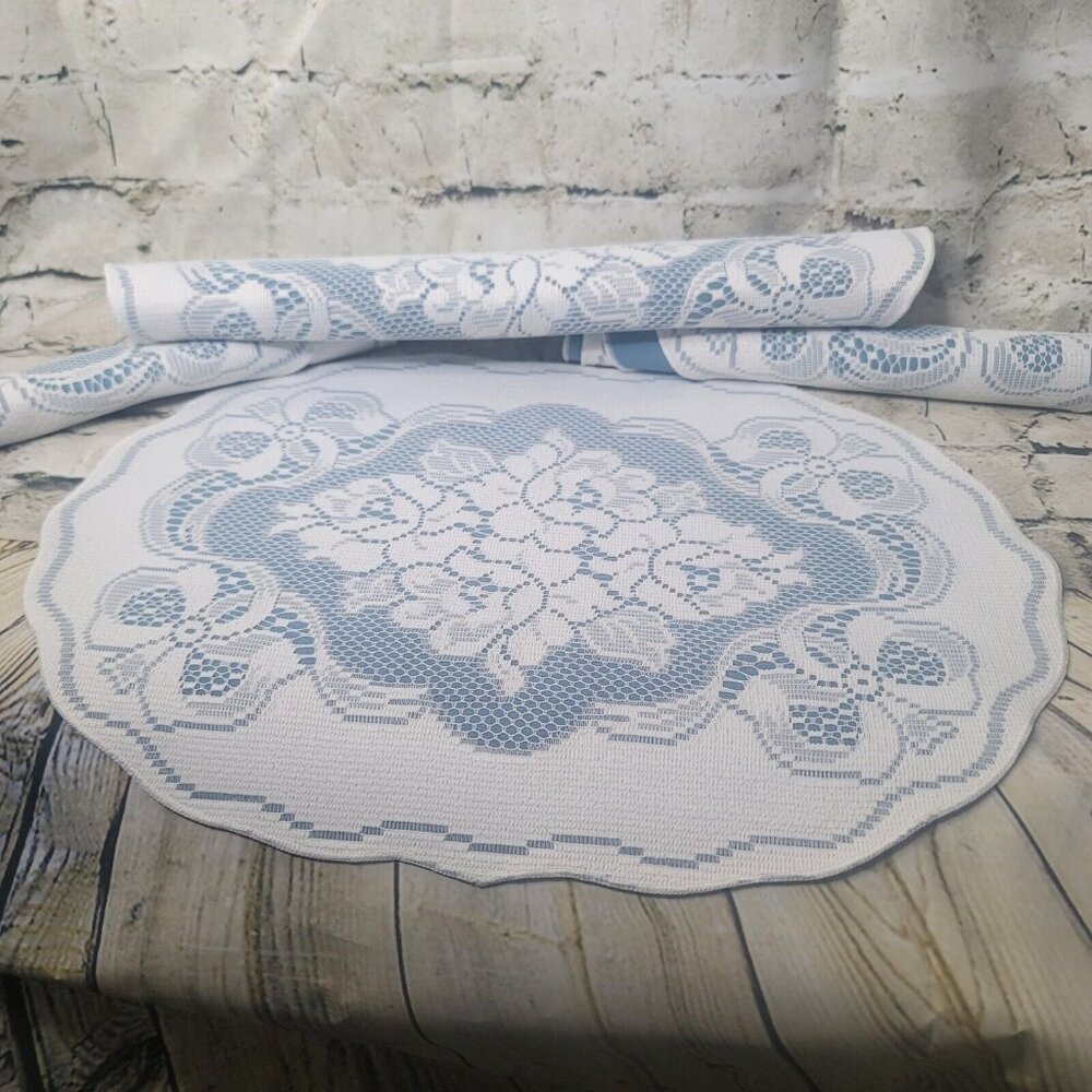 5 Victorian Rose White Lace Over Blue Placemats Cottagecore 13”X 18” VTG